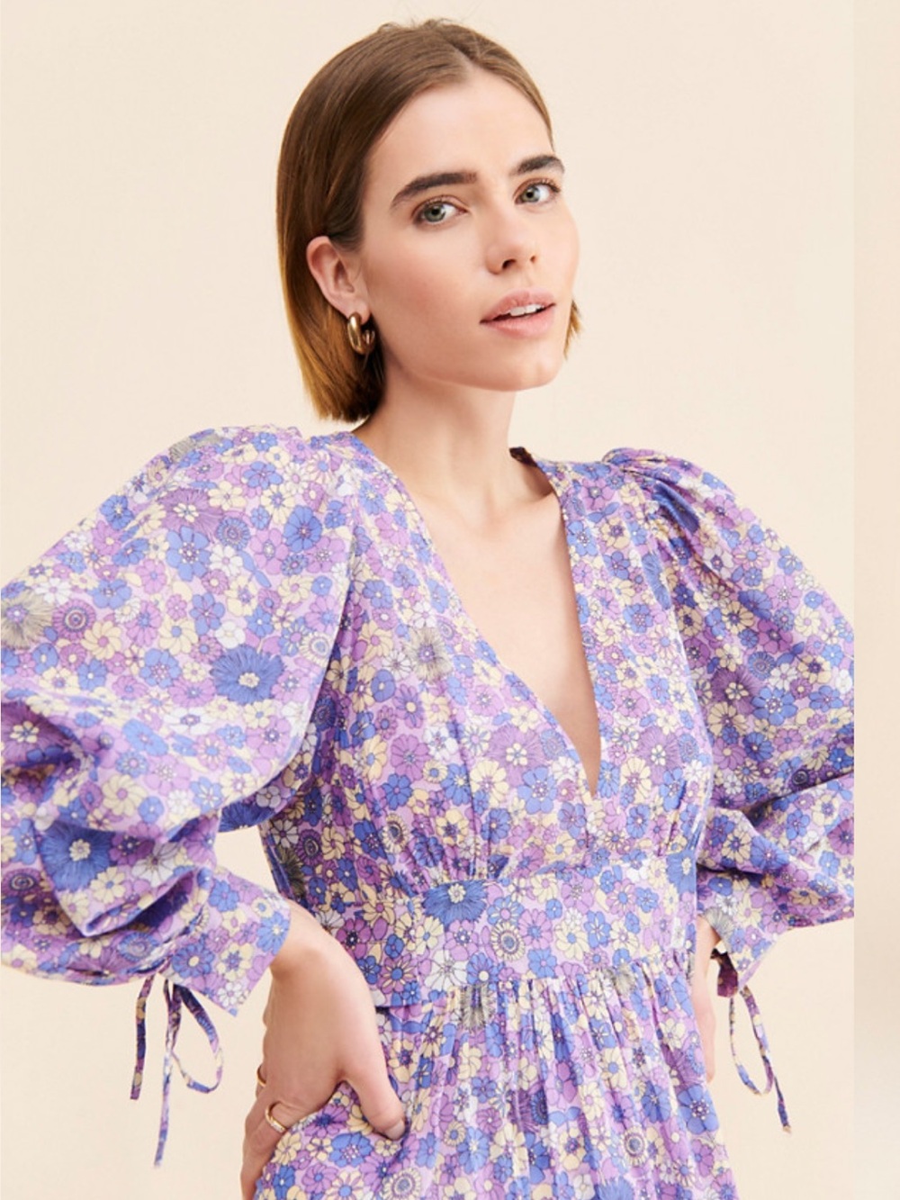 Anthropologie Antik Paolina Lavender Floral Puff-Sleeve Maxi Dress size 36 XS